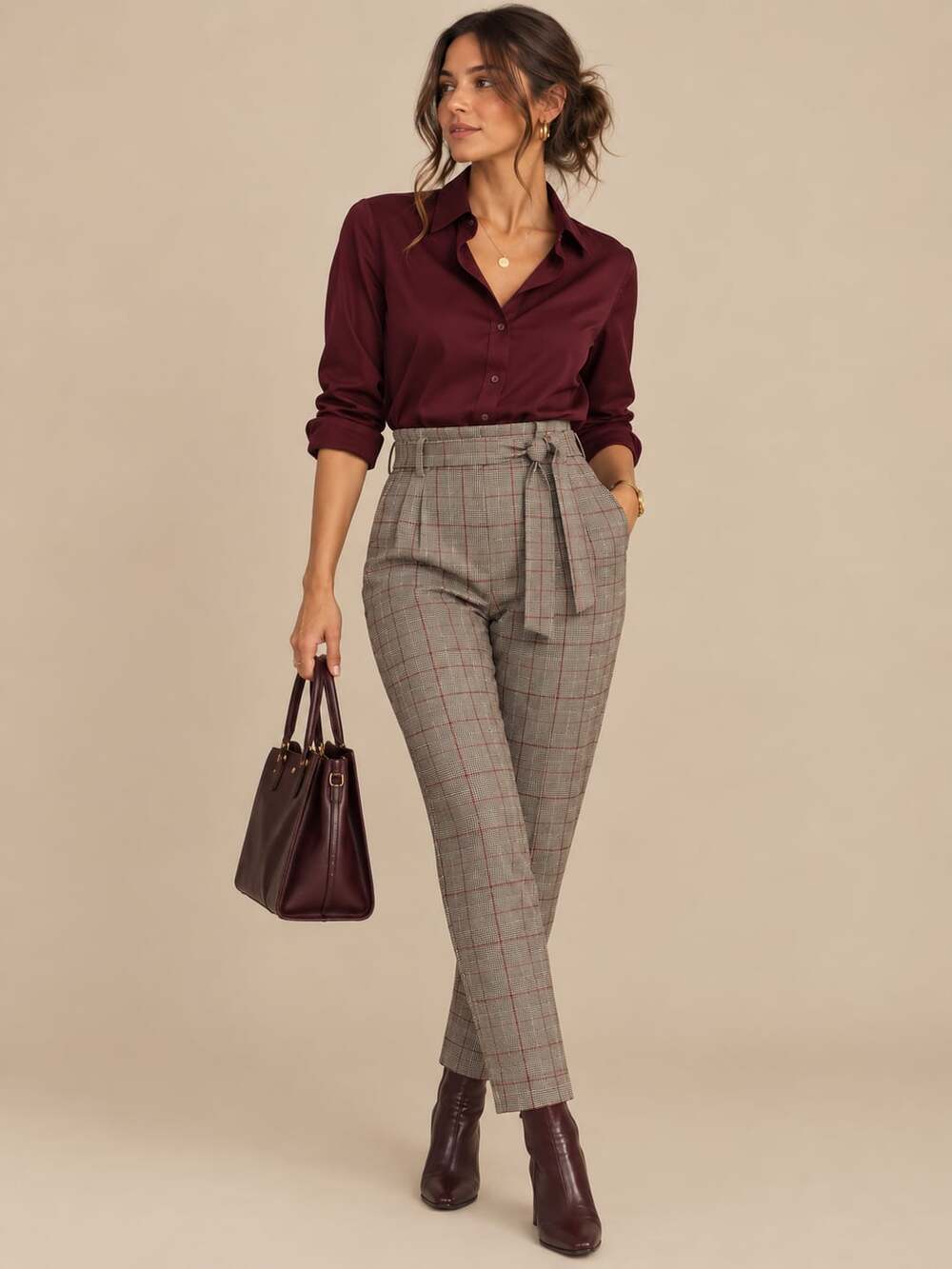 Dynamite Plaid Paperbag Waist Trousers Grey office wear Academia